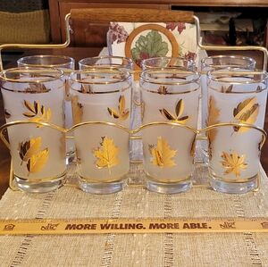 8 Vintage Libbey Highball Glass Set w Gold Metal Caddy 9pc Set